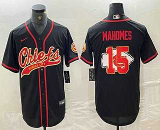Mens Kansas City Chiefs #15 Patrick Mahomes Black Team Big Logo With Patch Cool Base Stitched Baseball Jersey->->NFL Jersey